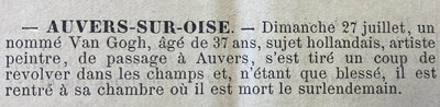 Artikel uit de lokale krant met het bericht dat Vincent van Gogh is overleden in Auvers-sur-Oise